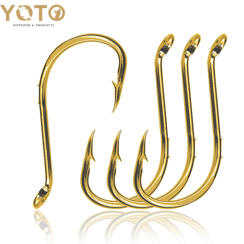 Fishing Hook Circle - タコフィッシングフック、50個、海釣りフック、目付きバーブフック、ダブルサークルフック、ゴールド、バスとナマズ用